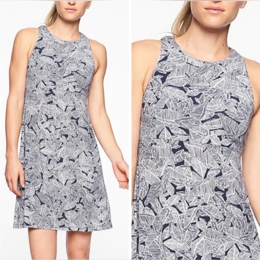Athleta Santorini High Neck Palm Print Navy & White Dress
